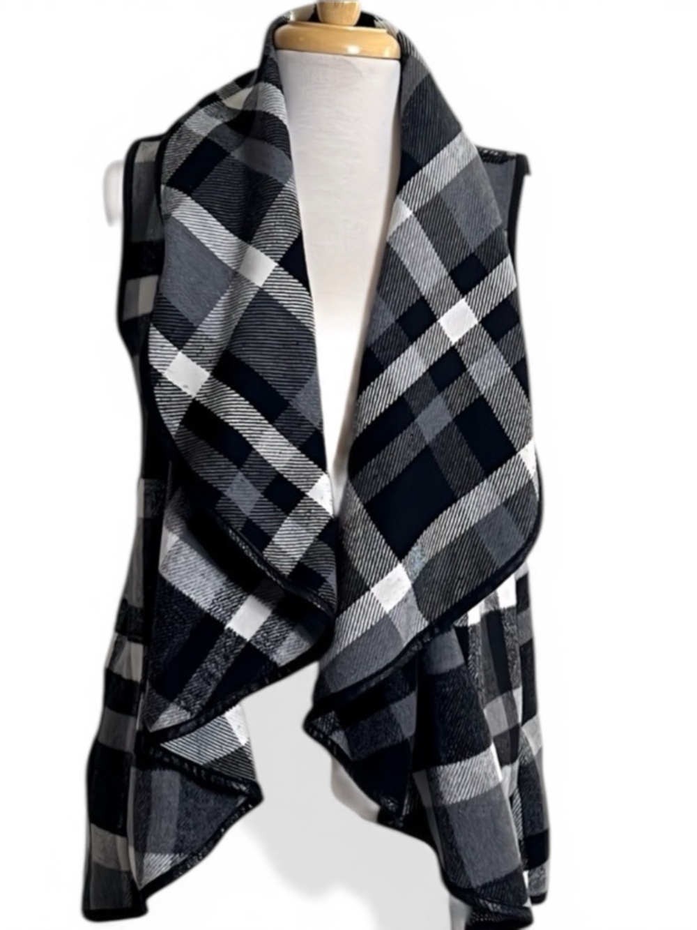 HYFVE Black White Plaid Drape Open Front Vest Faux Snakeskin Trim Pockets Small